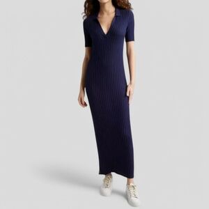 ATM Vneck Ribbed Silk Cotton Polo Maxi Dress L Navy Blue NEW